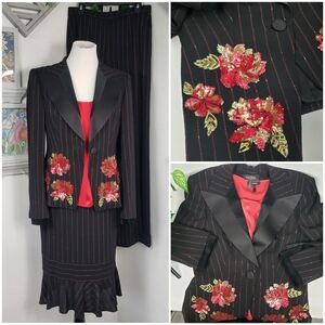 Escada 4p SET Black Red Pinstripe Sequin Velour Vibes Medium